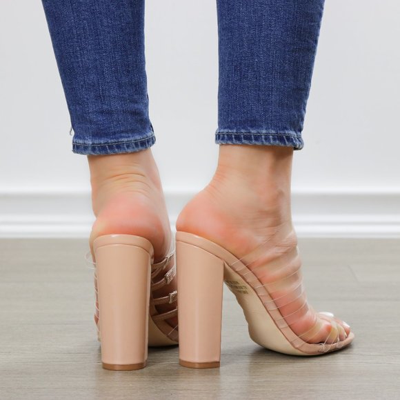 Nude & Clear Strappy Chunky Heel Open Toe Sandals - Picture 5 of 8